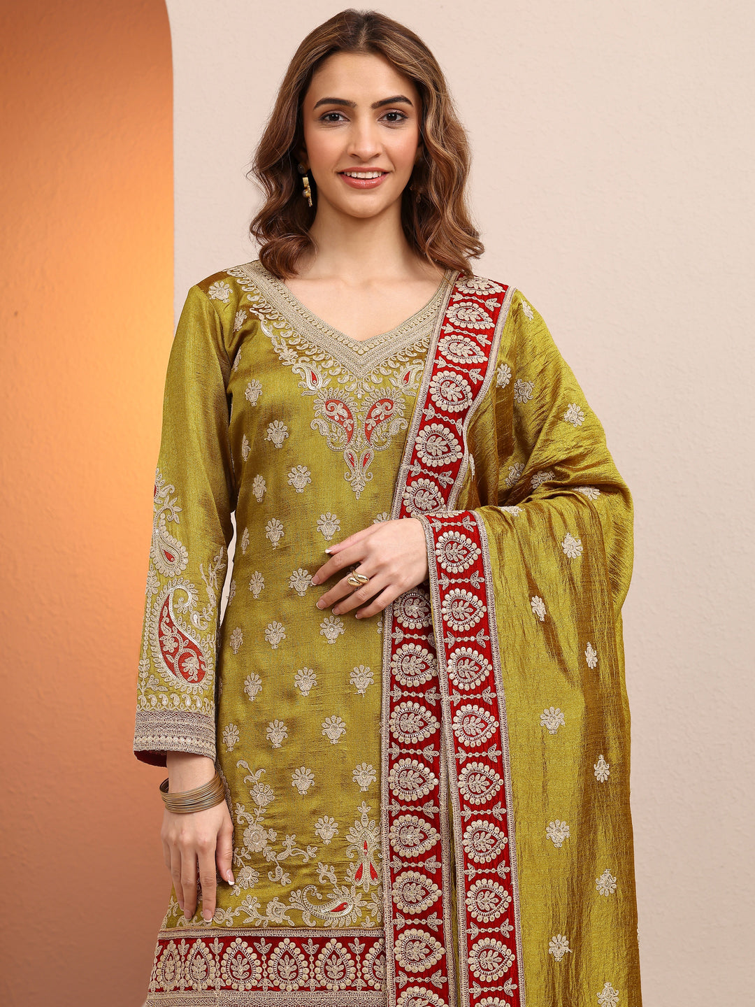 Libas Art Olive Embroidered Chinon Straight Suit Set With Dupatta