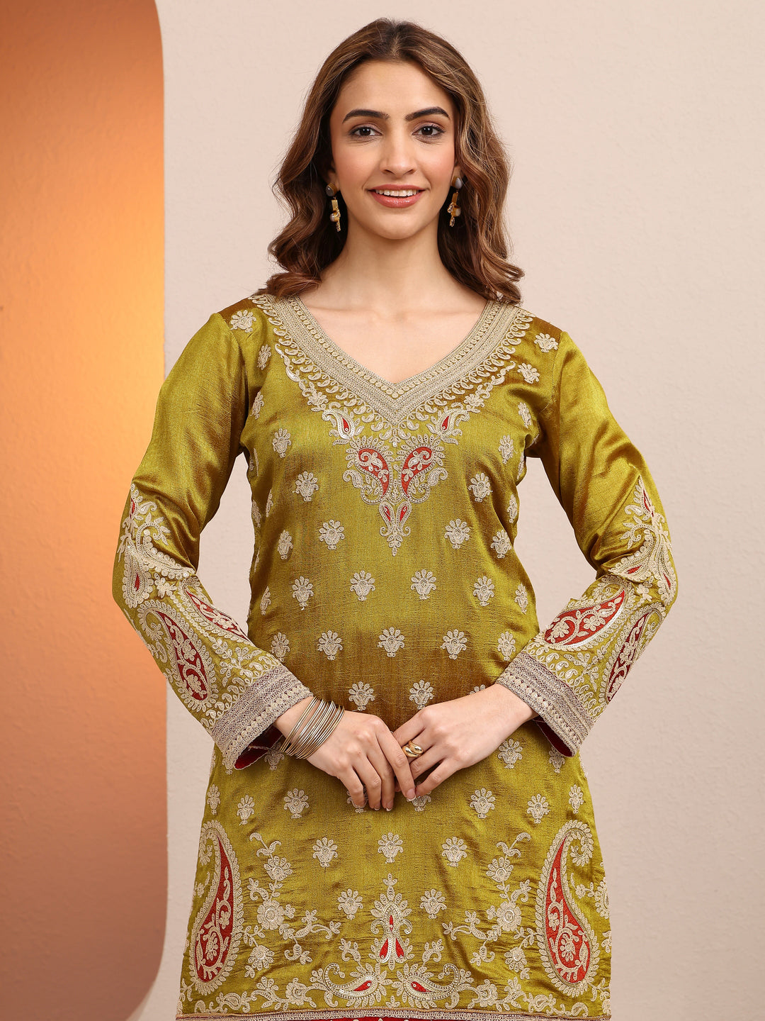 Libas Art Olive Embroidered Chinon Straight Suit Set With Dupatta