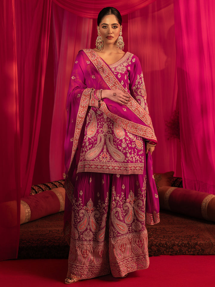 Libas Art Ghazal Pink Paisley Embroidered Georgette Straight Suit Set With Dupatta