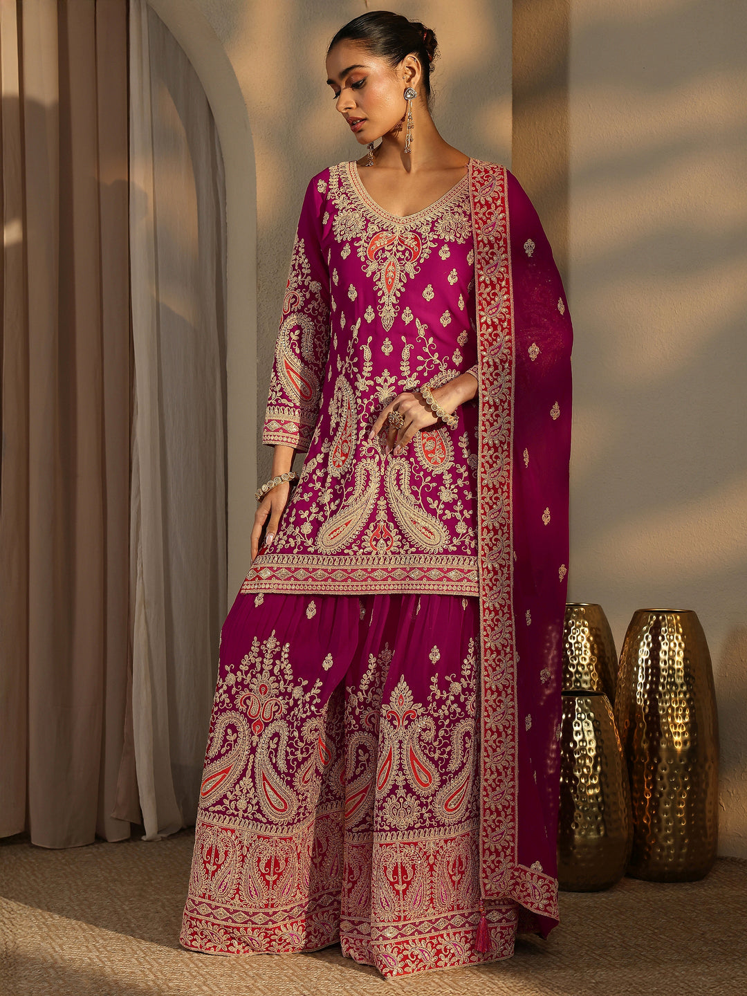 Libas Art Pink Paisley Embroidered Georgette Straight Suit Set With Dupatta