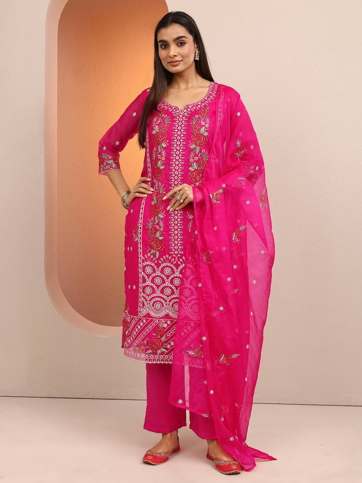 Pink Embroidered Organza Straight Suit Set With Dupatta