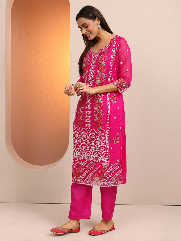 Pink Embroidered Organza Straight Suit Set With Dupatta