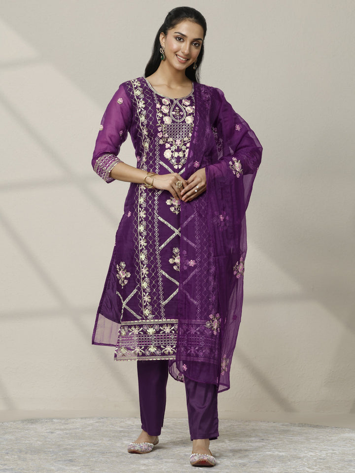 Purple Embroidered Organza Straight Suit Set With Dupatta