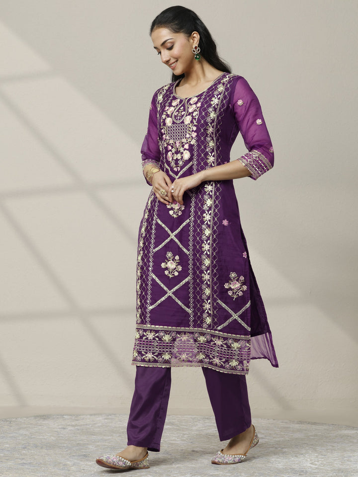 Purple Embroidered Organza Straight Suit Set With Dupatta