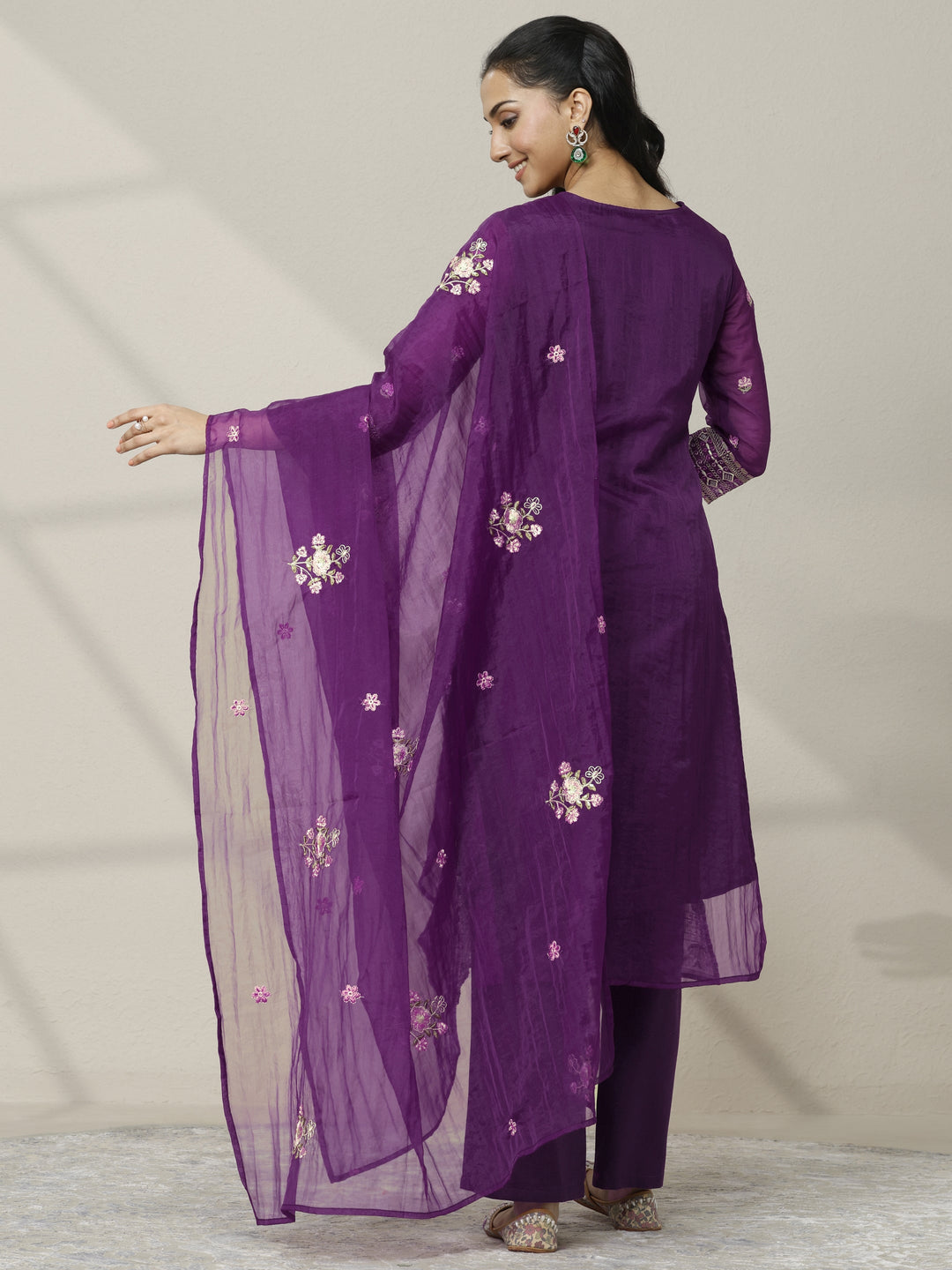 Purple Embroidered Organza Straight Suit Set With Dupatta