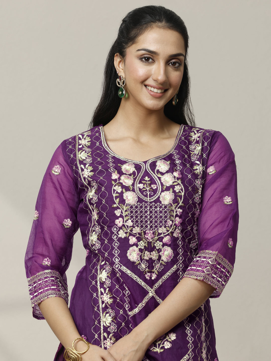 Purple Embroidered Organza Straight Suit Set With Dupatta