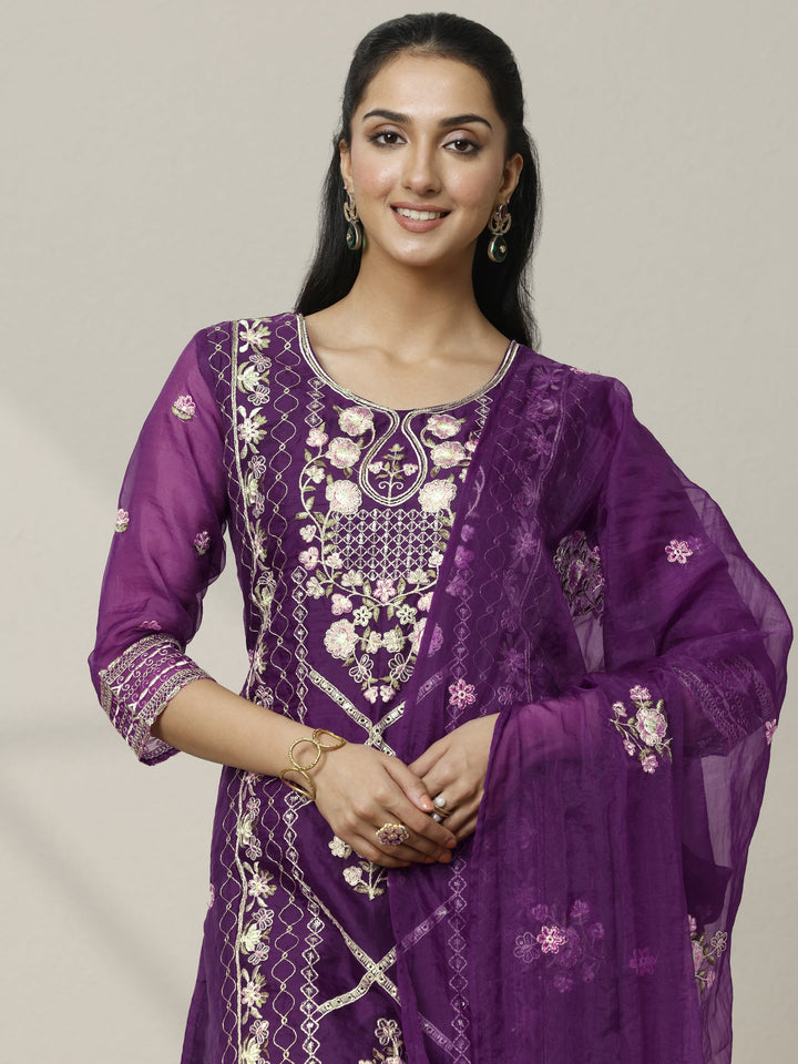 Purple Embroidered Organza Straight Suit Set With Dupatta