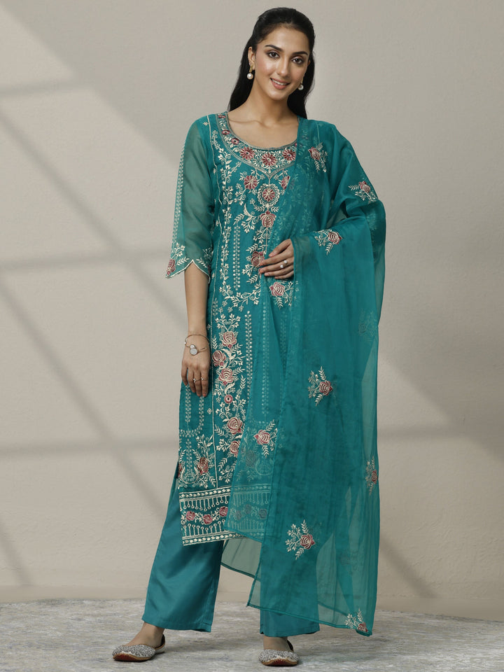 Green Embroidered Organza Straight Suit Set With Dupatta