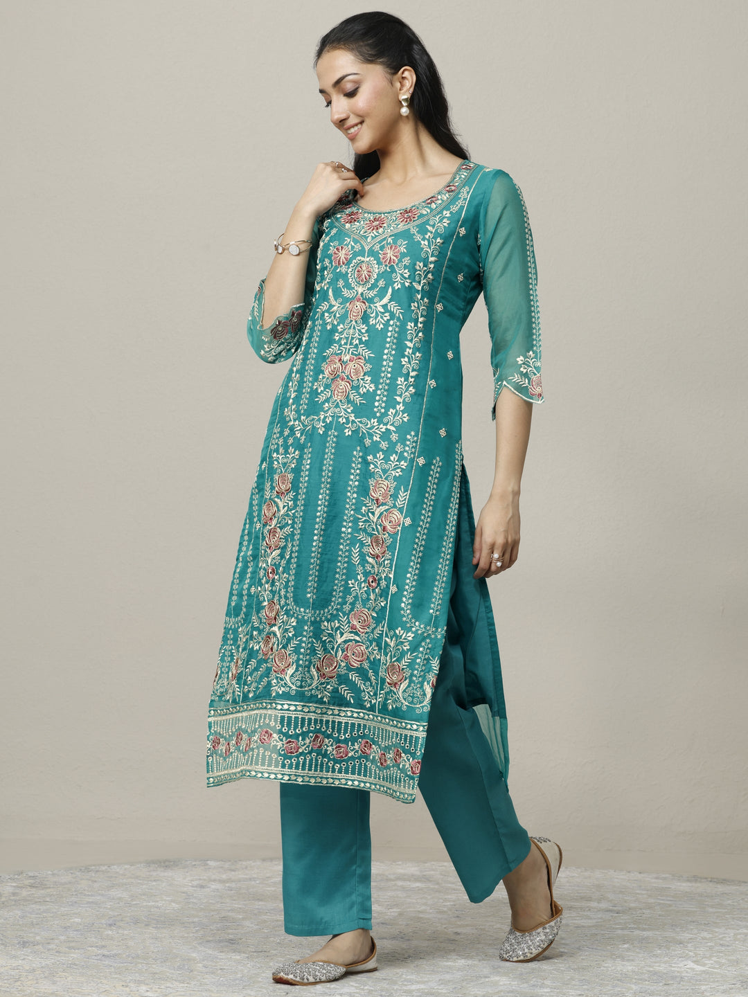 Green Embroidered Organza Straight Suit Set With Dupatta