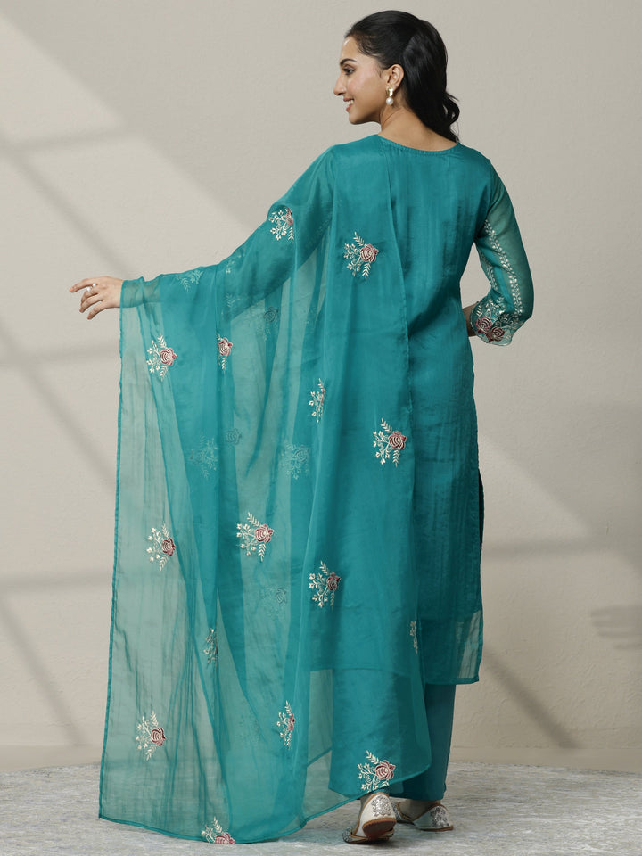 Green Embroidered Organza Straight Suit Set With Dupatta