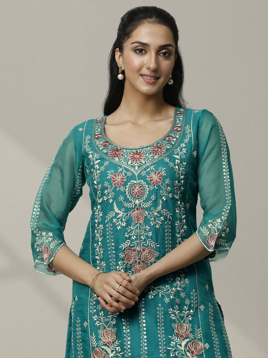 Green Embroidered Organza Straight Suit Set With Dupatta