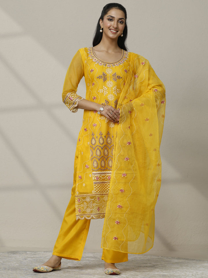 Mustard Embroidered Organza Straight Suit Set With Dupatta