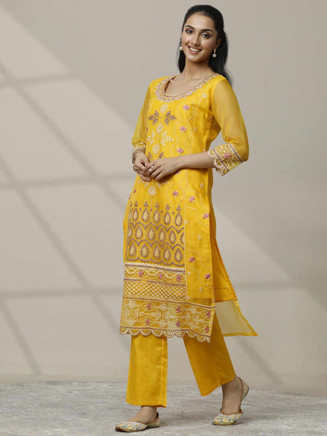Mustard Embroidered Organza Straight Suit Set With Dupatta