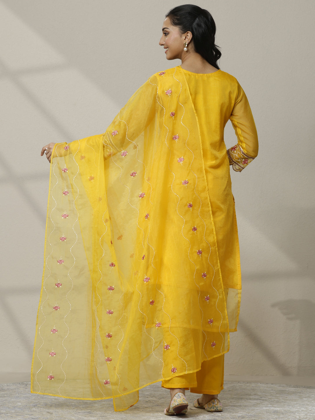 Mustard Embroidered Organza Straight Suit Set With Dupatta
