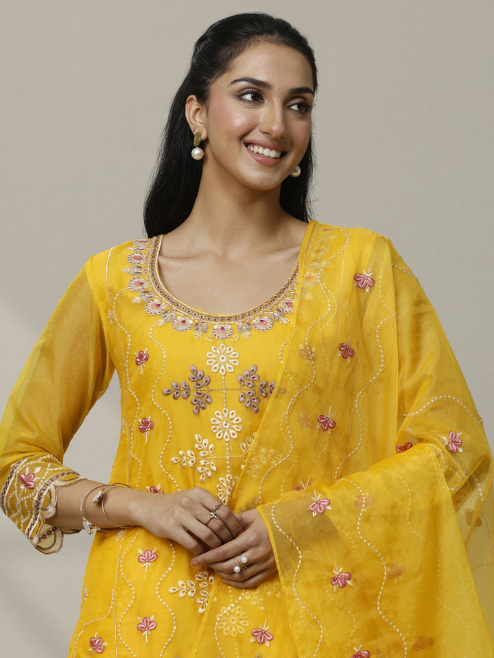 Mustard Embroidered Organza Straight Suit Set With Dupatta