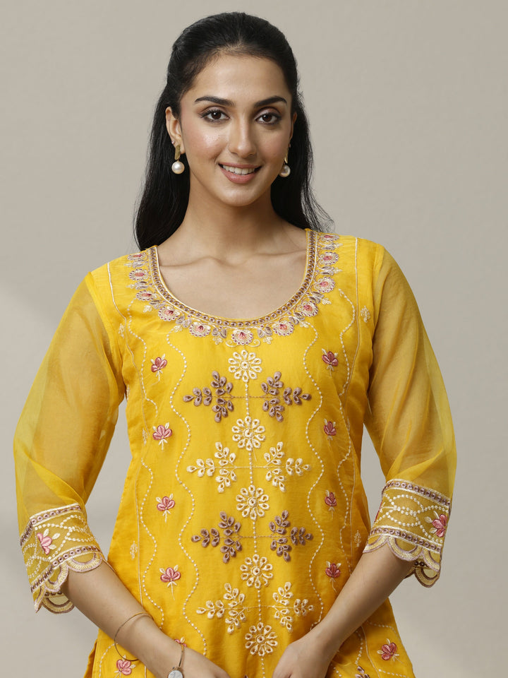 Mustard Embroidered Organza Straight Suit Set With Dupatta