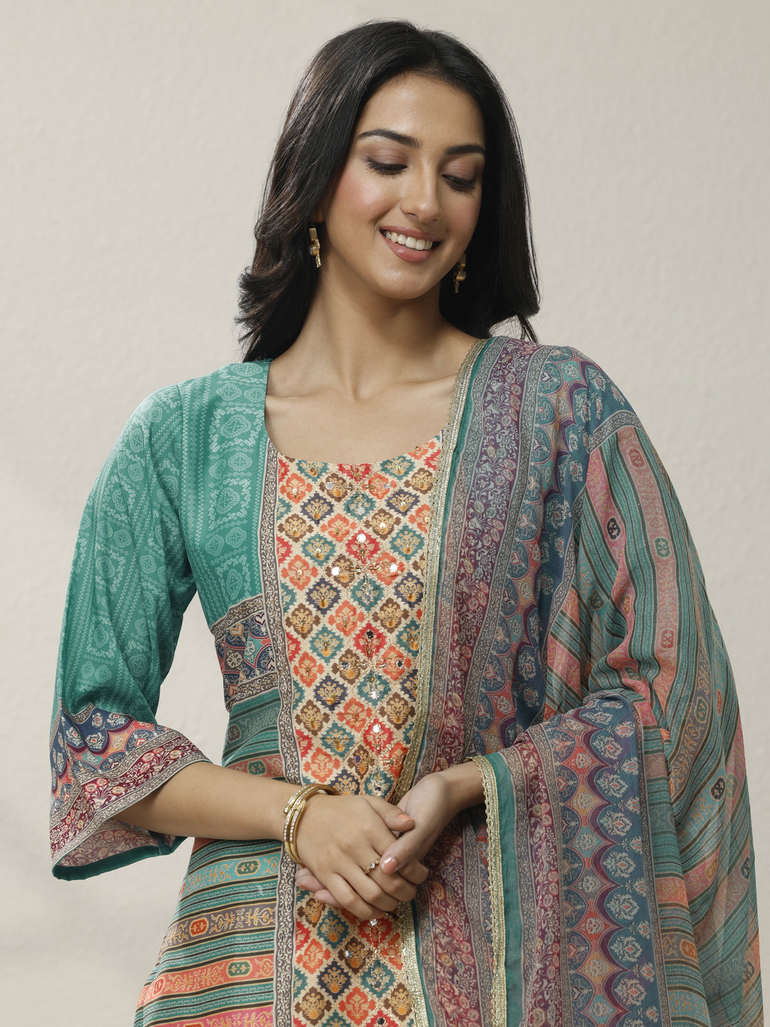 Multi Printed Crepe Straight Suit Set With Dupatta