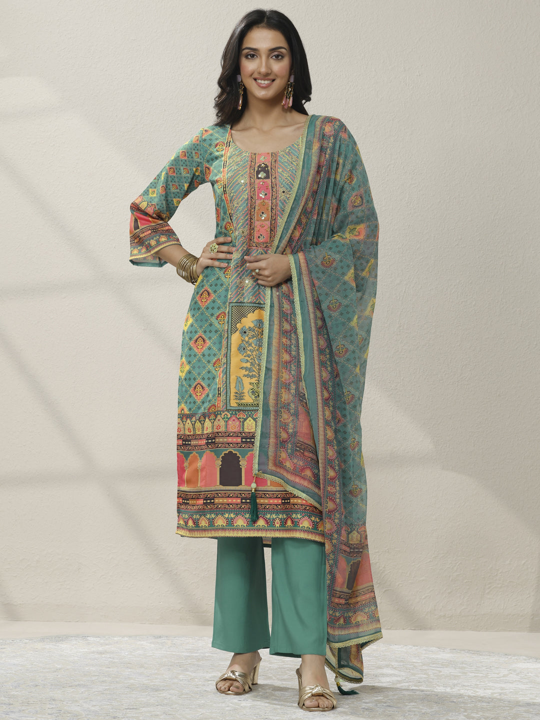 Multi Printed Crepe Straight Suit Set With Dupatta