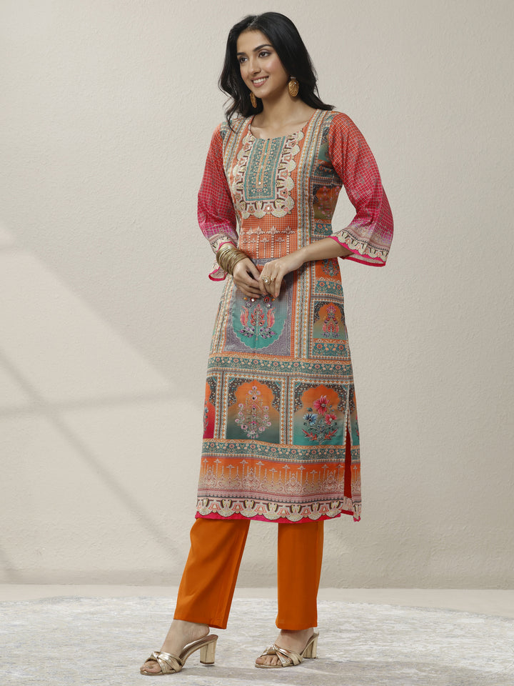 Orange Printed Crepe Straight Suit Set With Dupatta