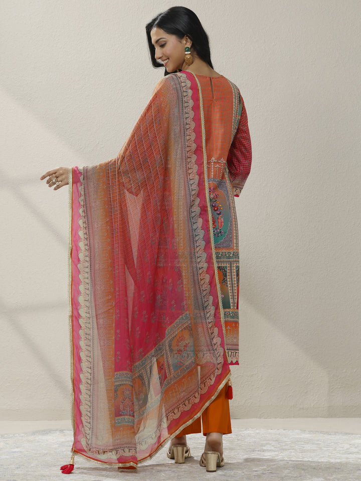 Orange Printed Crepe Straight Suit Set With Dupatta