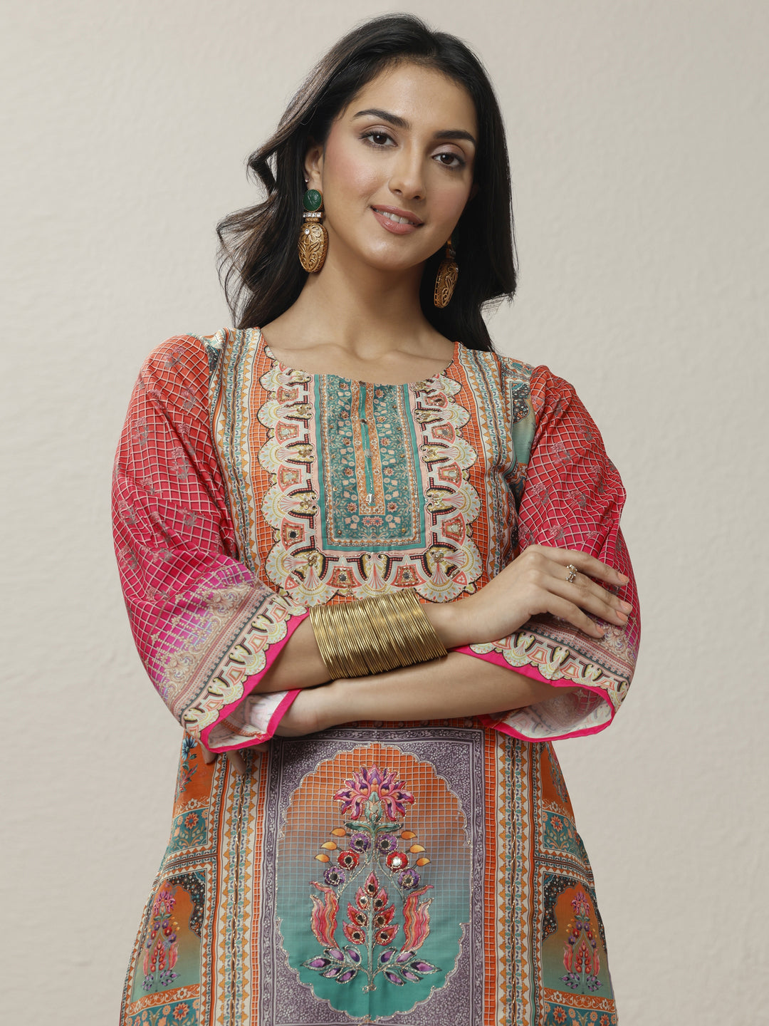 Orange Printed Crepe Straight Suit Set With Dupatta