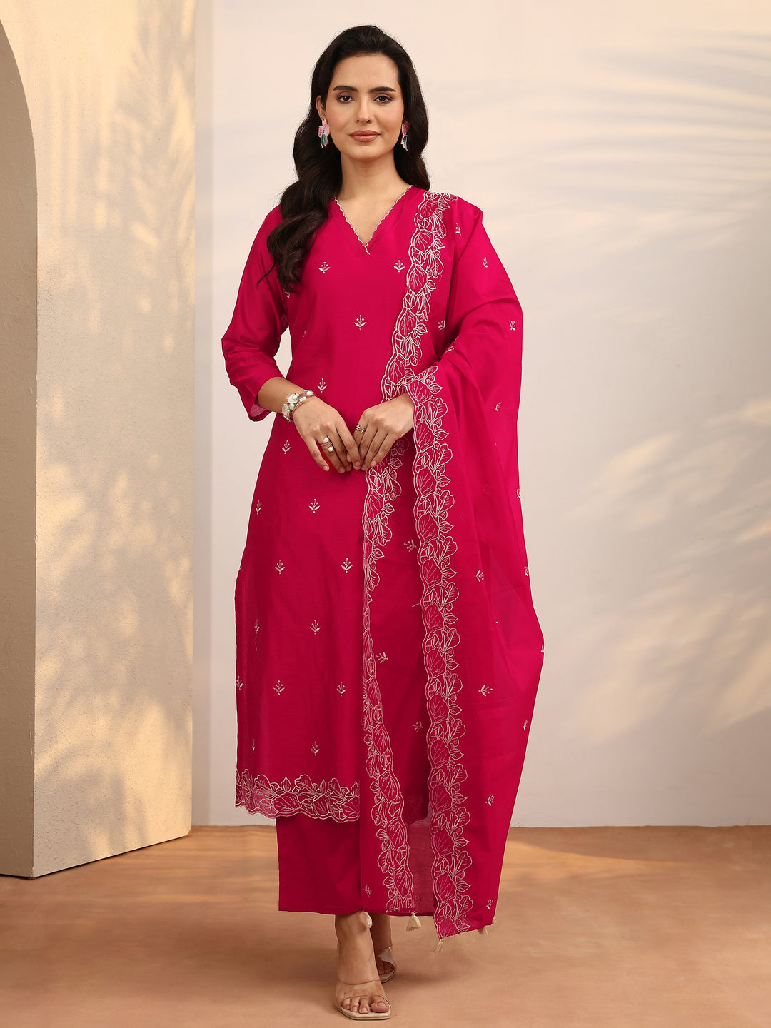 Pink Embroidered Silk Blend Straight Suit Set With Dupatta