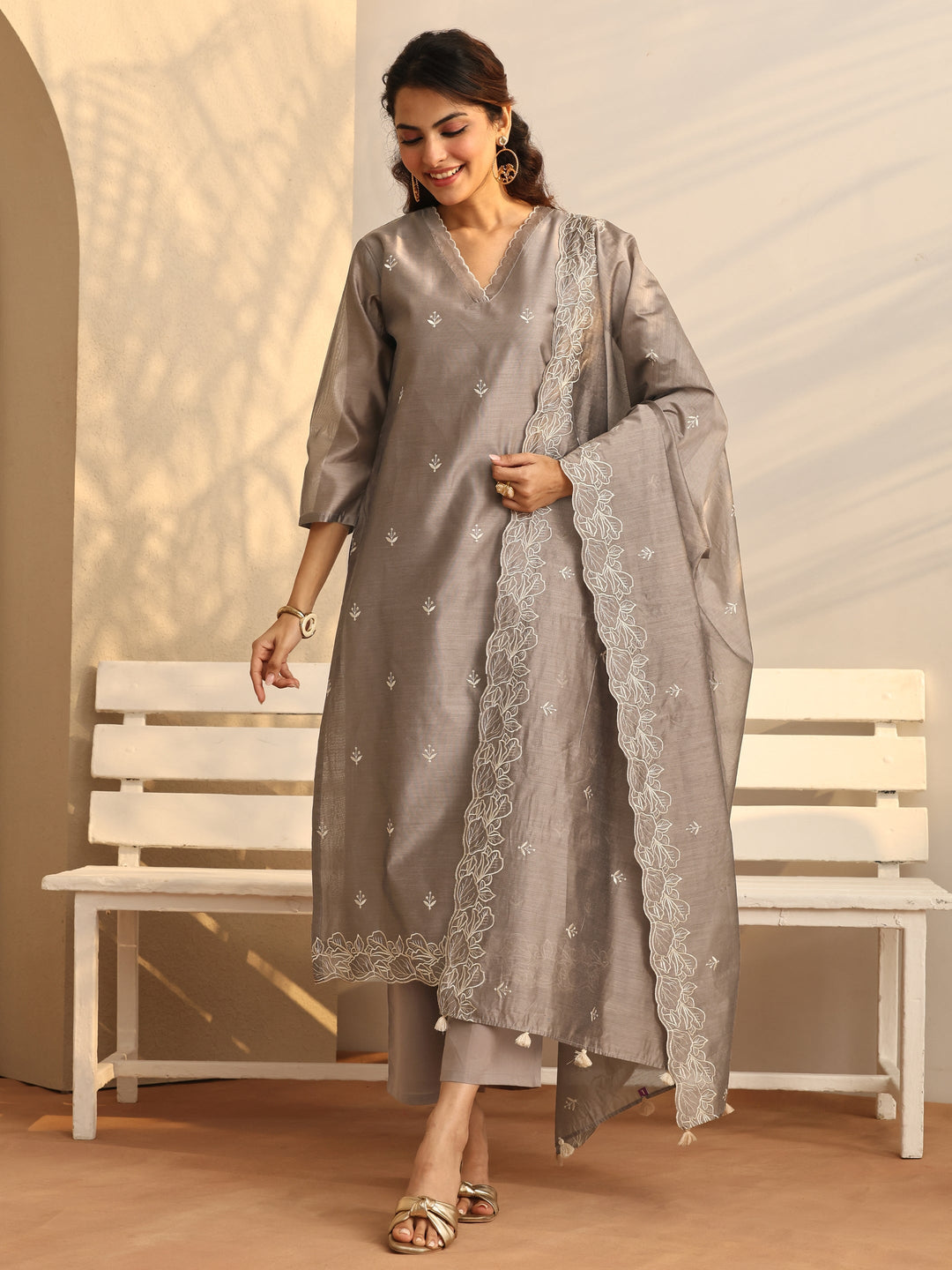 Grey Embroidered Silk Blend Straight Suit Set With Dupatta