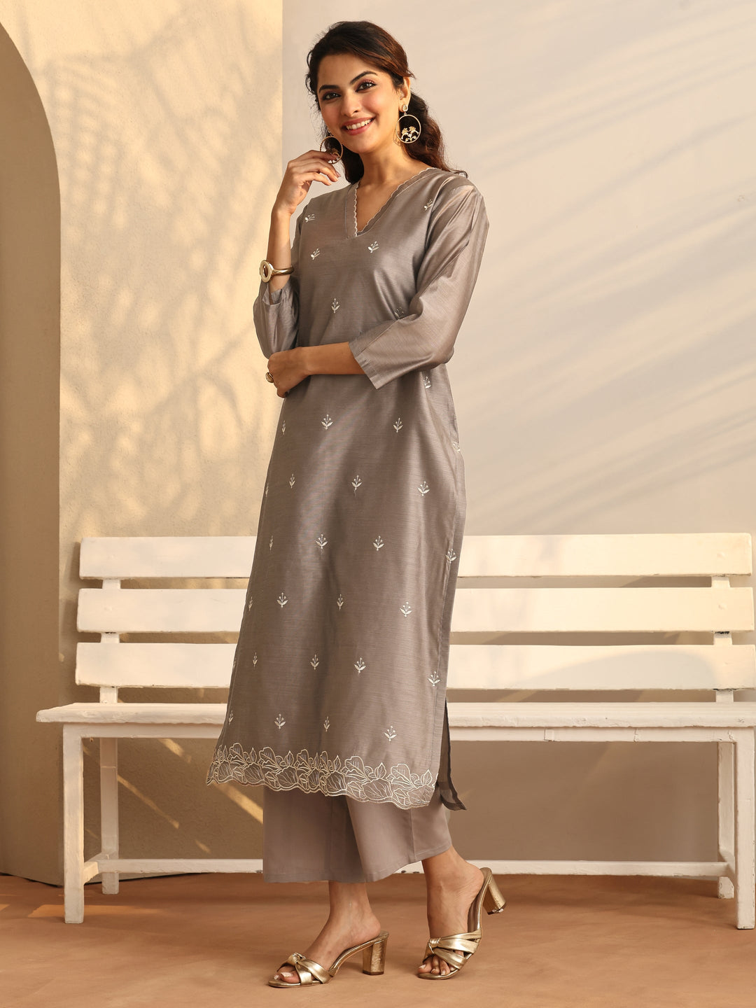 Grey Embroidered Silk Blend Straight Suit Set With Dupatta
