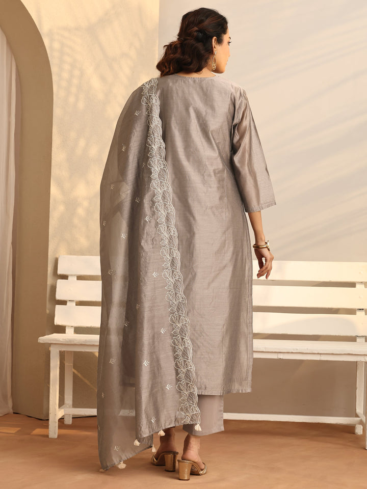 Grey Embroidered Silk Blend Straight Suit Set With Dupatta