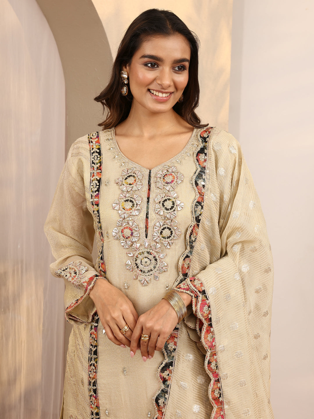 Libas Art Cream Embroidered Silk Blend Straight Suit Set With Dupatta