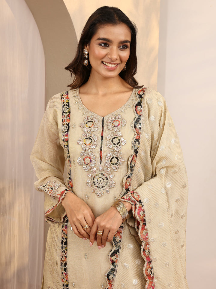 Libas Art Cream Embroidered Silk Blend Straight Suit Set With Dupatta