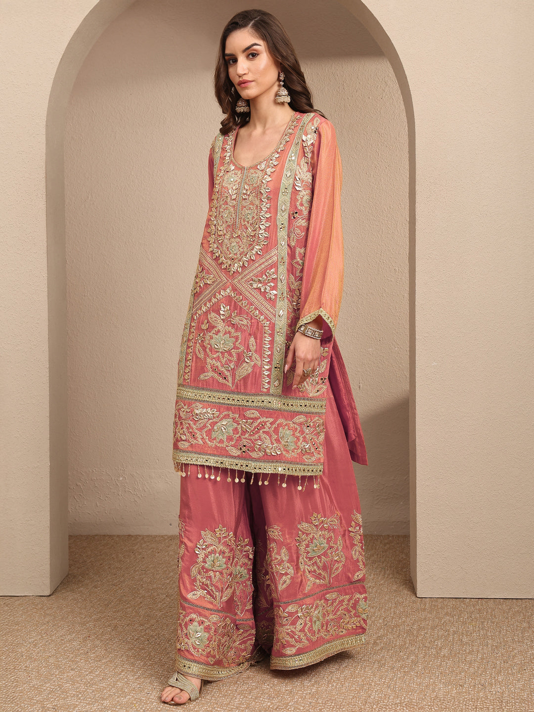 Libas Art Coral Embroidered Silk Blend Straight Suit Set With Dupatta
