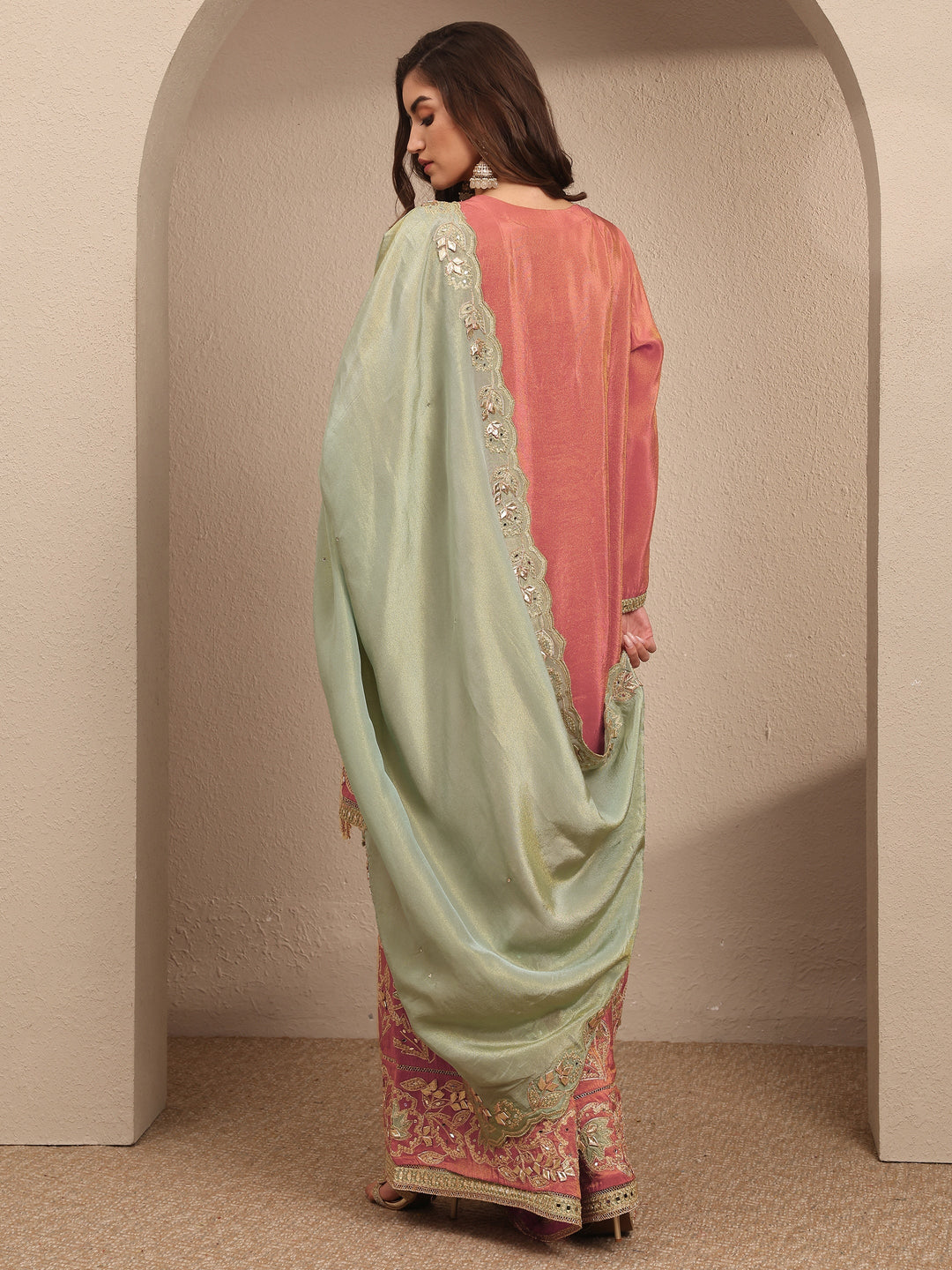 Libas Art Coral Embroidered Silk Blend Straight Suit Set With Dupatta