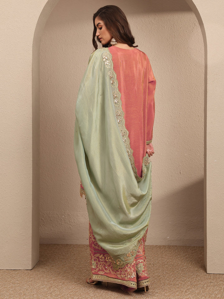 Libas Art Coral Embroidered Silk Blend Straight Suit Set With Dupatta