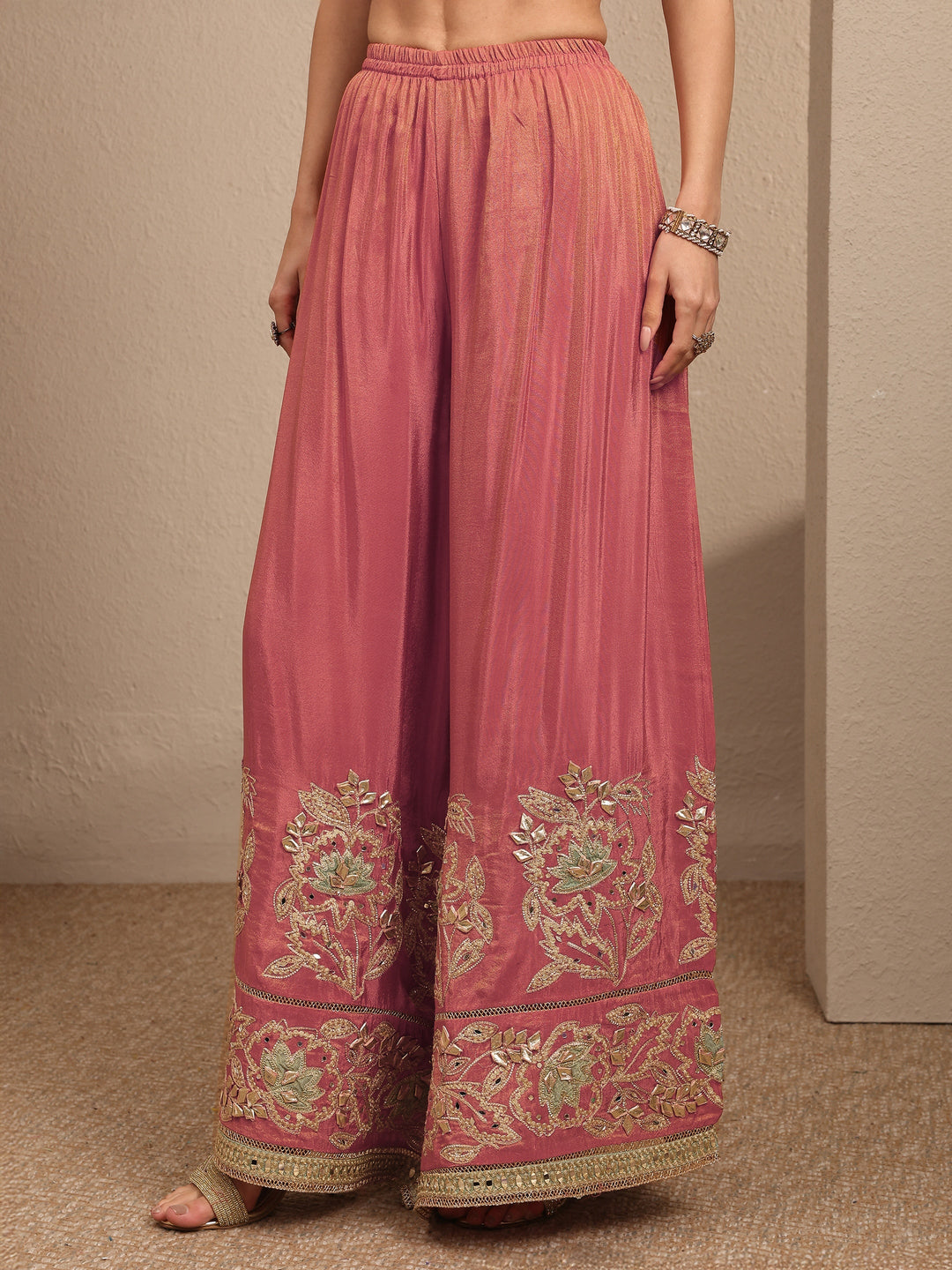 Libas Art Coral Embroidered Silk Blend Straight Suit Set With Dupatta