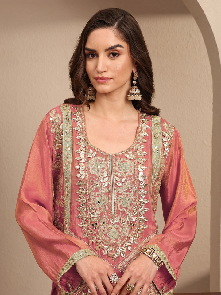 Libas Art Coral Embroidered Silk Blend Straight Suit Set With Dupatta