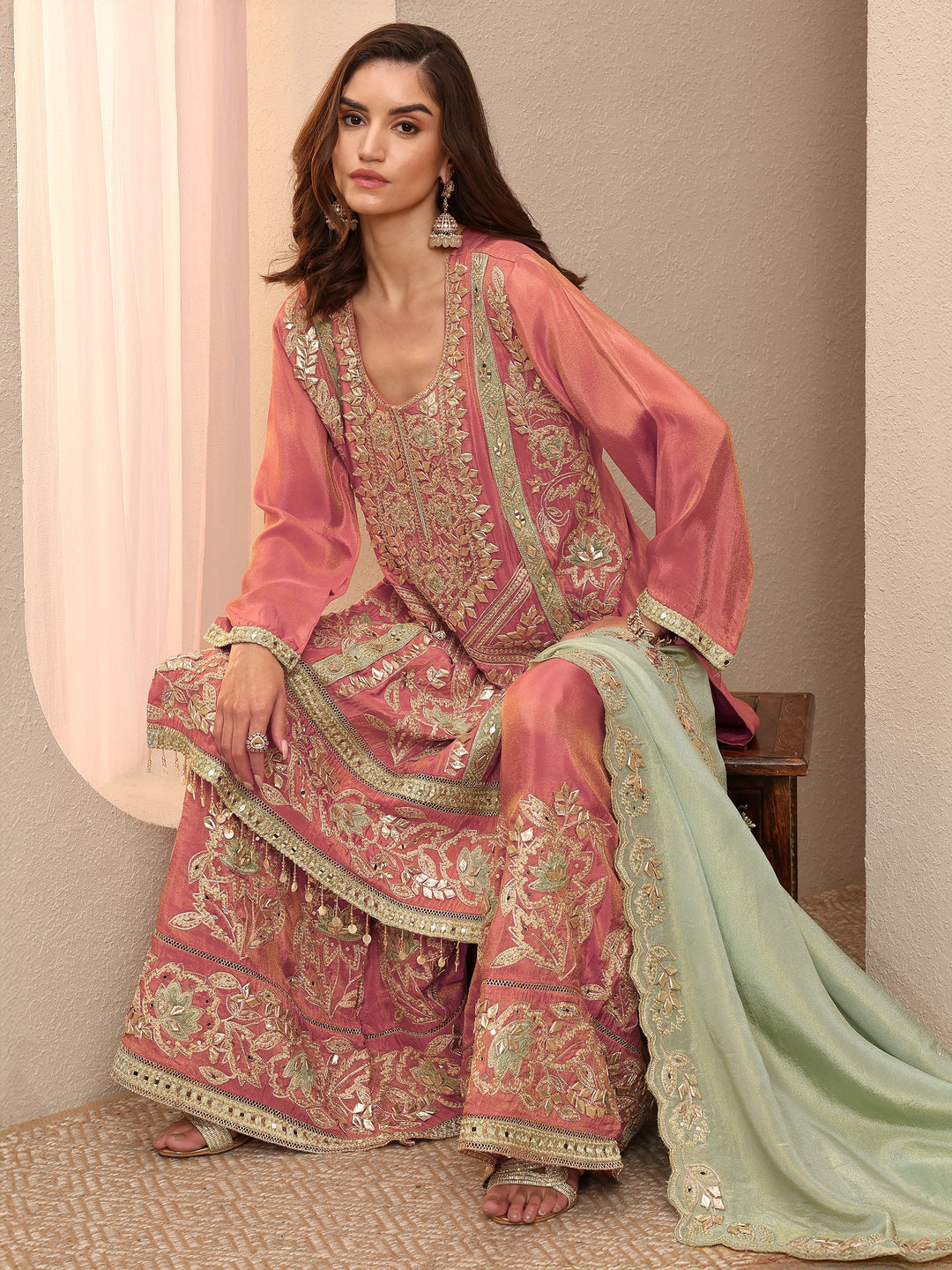 Libas Art Coral Embroidered Silk Blend Straight Suit Set With Dupatta