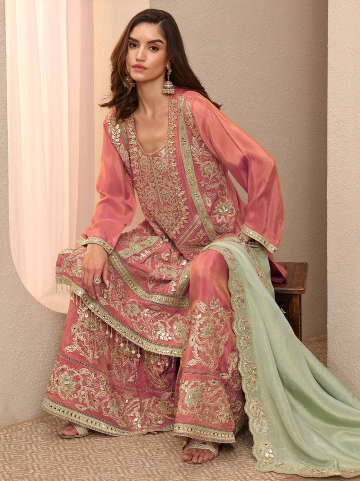 Libas Art Coral Embroidered Silk Blend Straight Suit Set With Dupatta