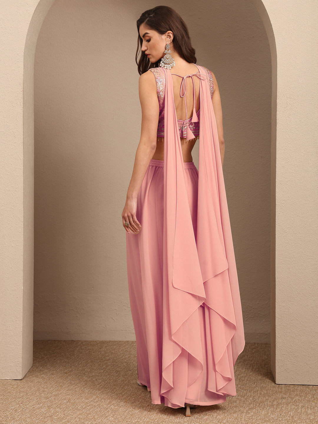 Libas Art Peach Embroidered Georgette Co-Ord Set