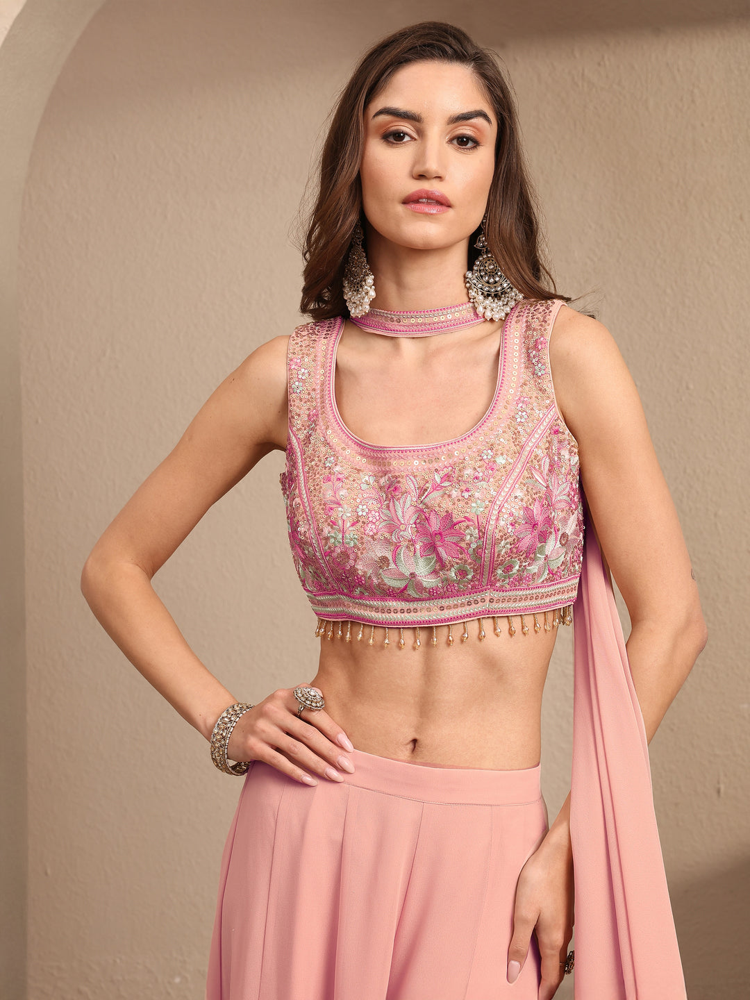 Libas Art Peach Embroidered Georgette Co-Ord Set