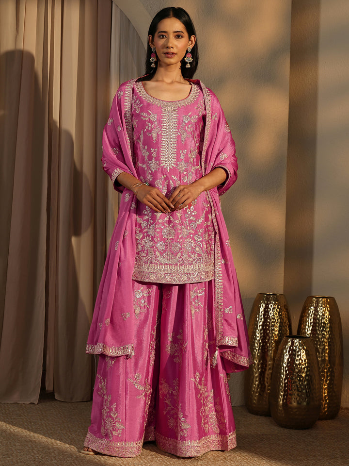 Libas Art Pink Embroidered Chinon Straight Suit Set With Dupatta