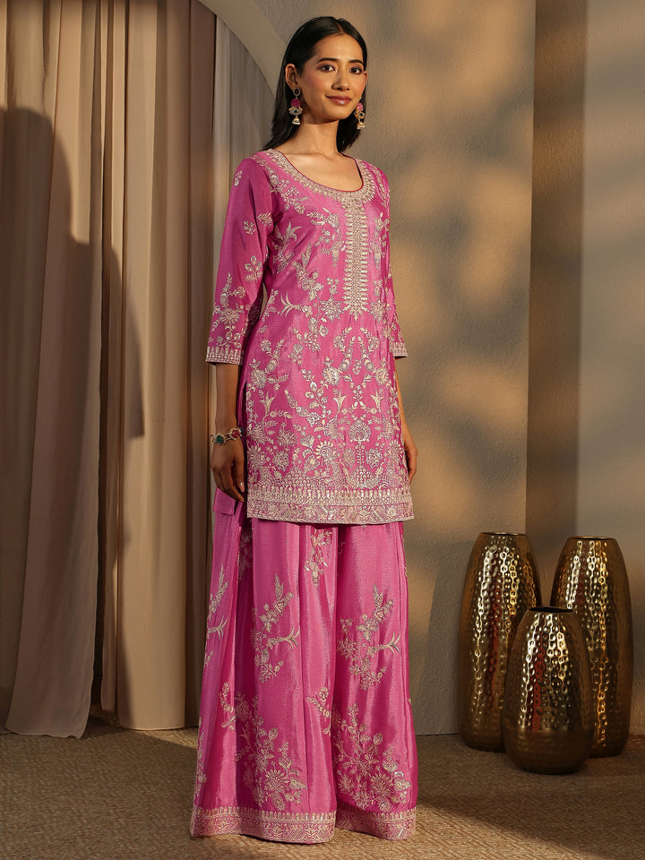 Libas Art Pink Embroidered Chinon Straight Suit Set With Dupatta