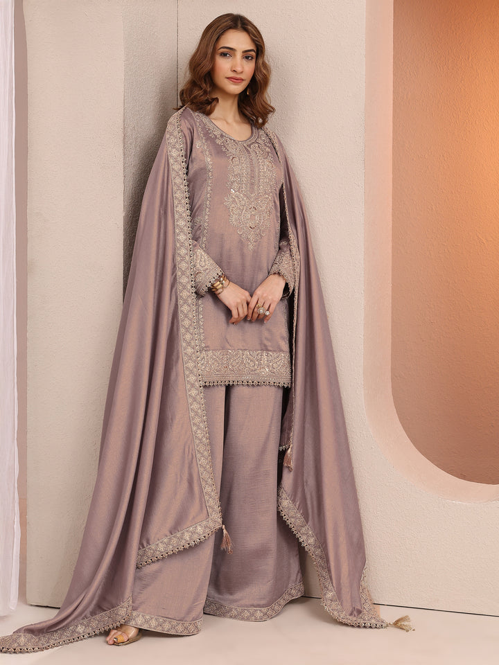 Libas Art Grey Embroidered Organza Straight Suit Set With Dupatta