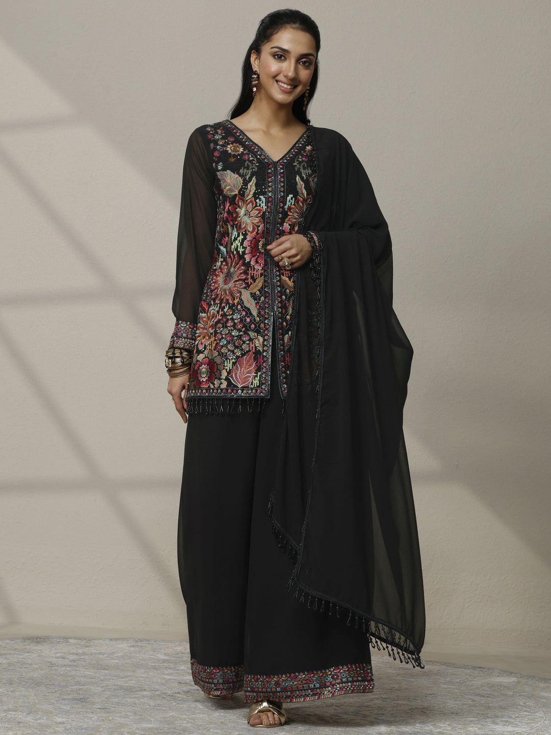 Libas Art Black Embroidered Georgette Suit Set With Dupatta