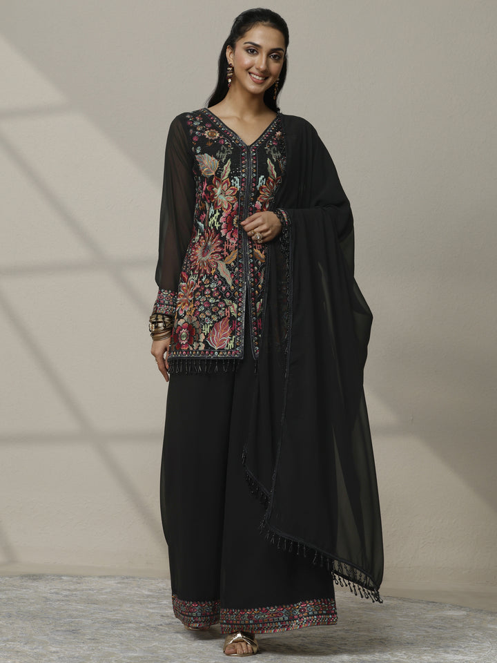 Libas Art Black Embroidered Georgette Suit Set With Dupatta