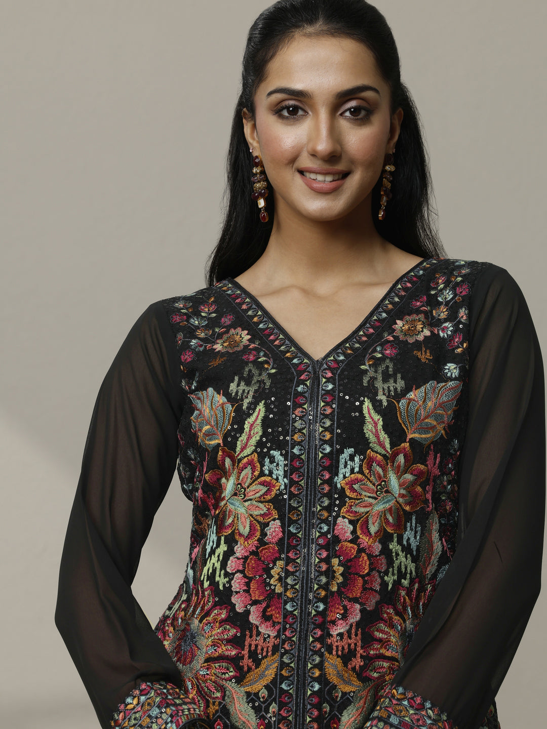 Libas Art Black Embroidered Georgette Suit Set With Dupatta