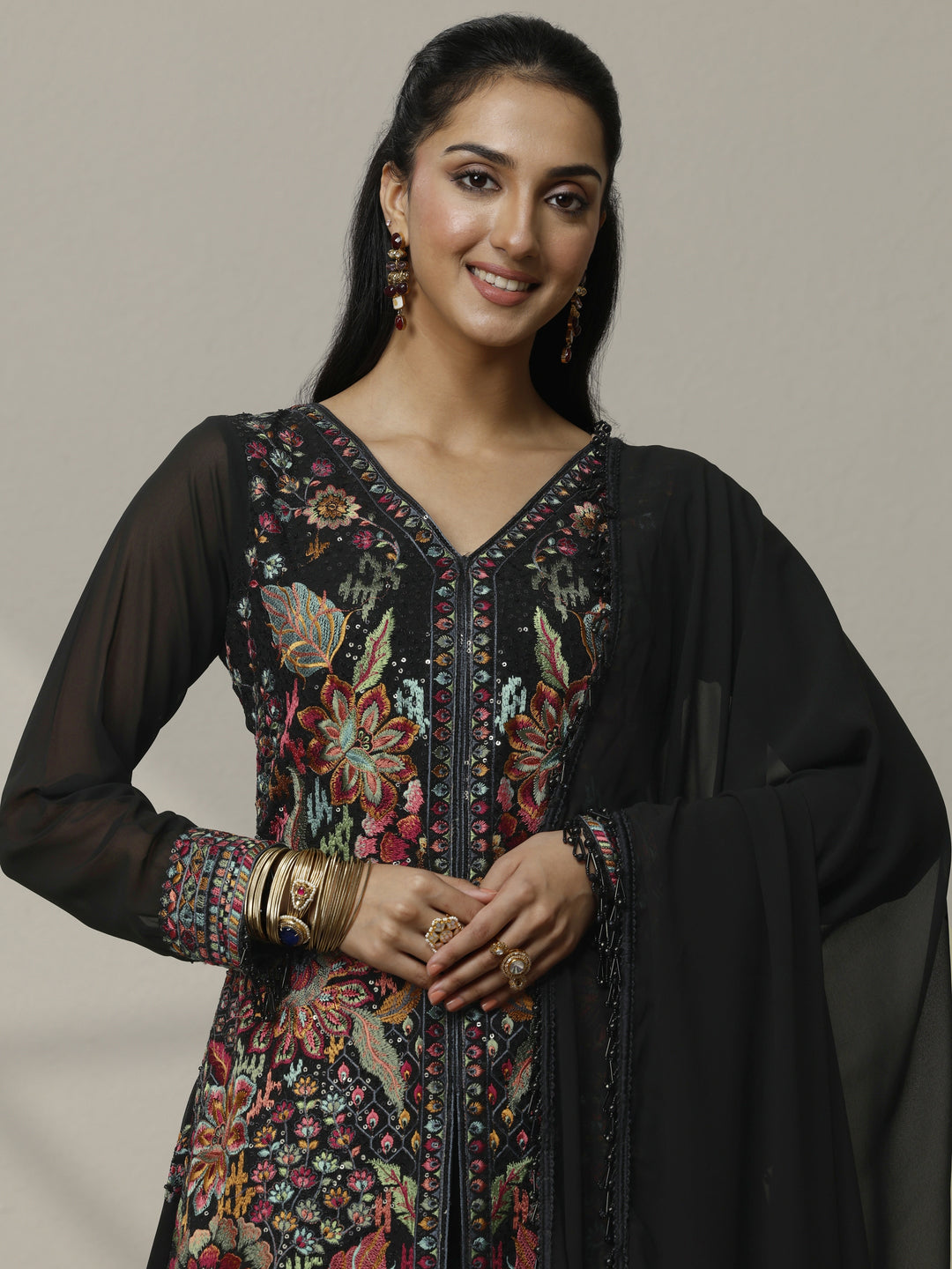 Libas Art Black Embroidered Georgette Suit Set With Dupatta