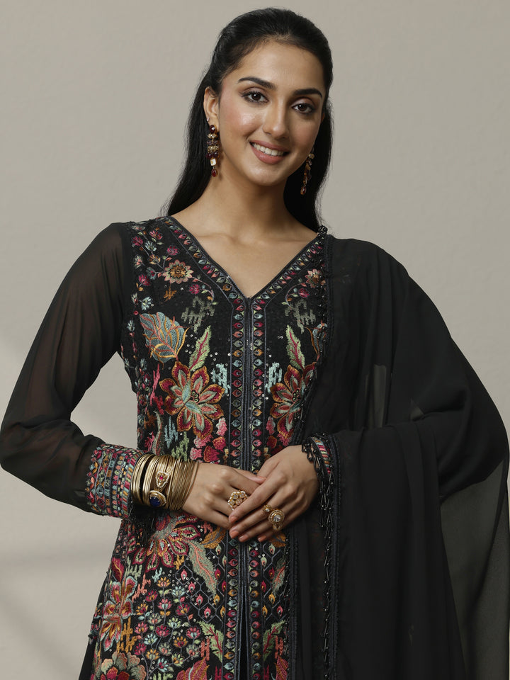 Libas Art Black Embroidered Georgette Suit Set With Dupatta