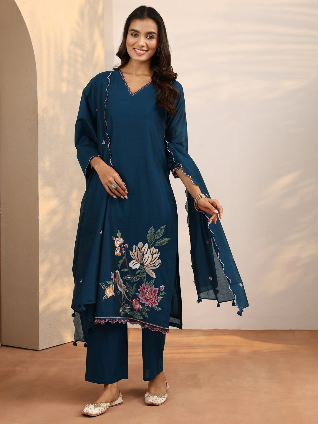 Teal Embroidered Silk Blend Straight Suit Set With Dupatta