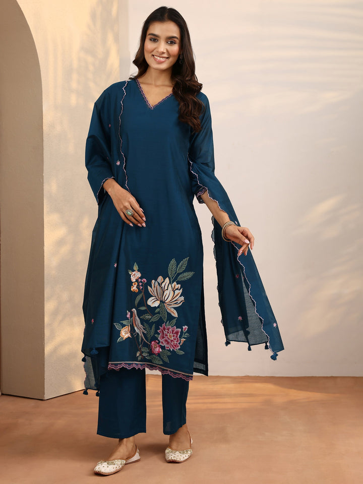 Teal Embroidered Silk Blend Straight Suit Set With Dupatta